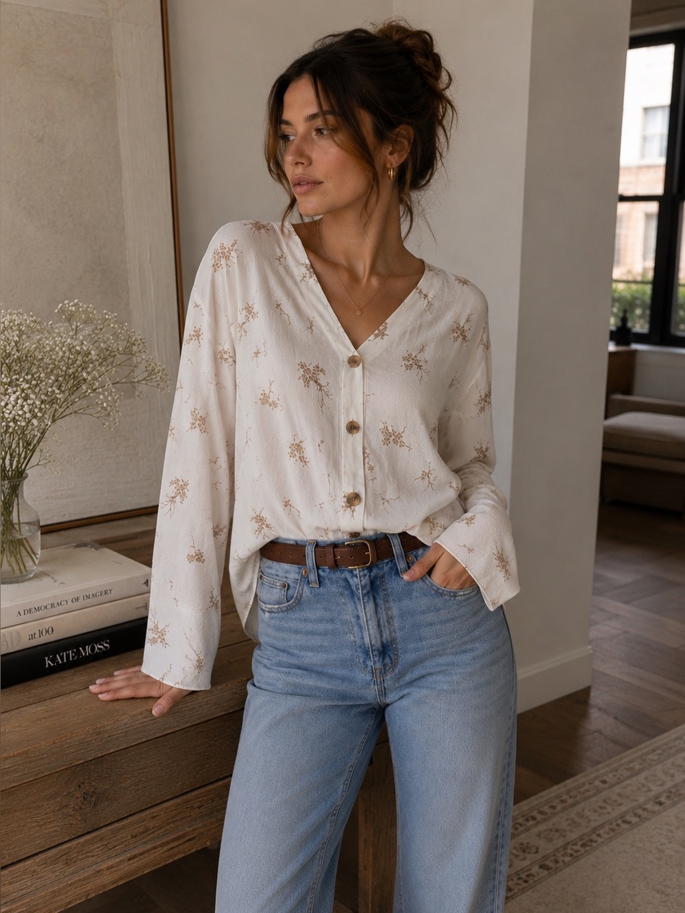 Something Navy Floral Blouse Ivory XXS